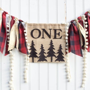 Lumberjack Highchair Banner 1st Birthday Party Happy Little Camper First birthday party winter wonderland Photo Prop Buffalo Plaid