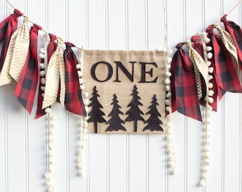 Woodland themed high chair banner for 1st birthday. Photo prop for cake smash. Wild One party ideas. Buffalo Plaid lumberjack theme party.