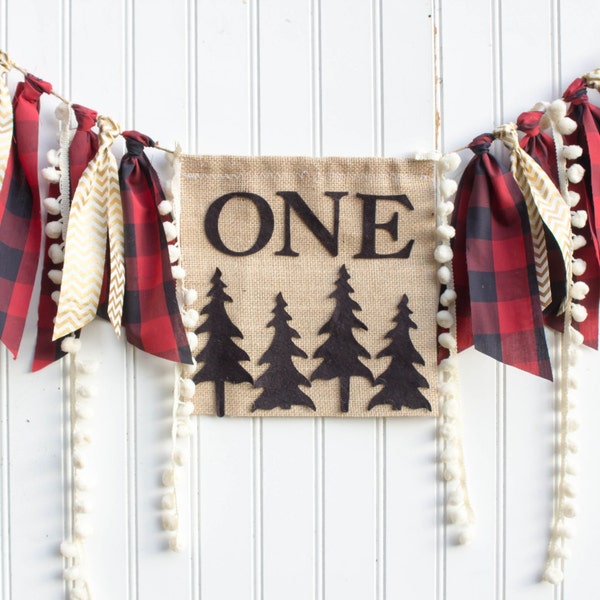 Woodland Birthday Banner| Happy Little Camper highchair banner| Onederland| buffalo plaid lumberjack| deer| camping| wild one first