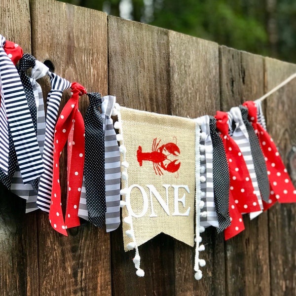 Crawfish 1st birthday decoration, lobster first birthday party, highchair banner, barnyard, 4th of July, country fair, I am one banner, boys