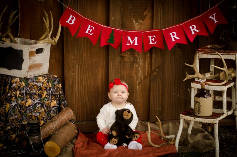 Christmas winter holiday Autumn photo prop FALL name banner rustic decor handmade Be Merry burlap banner November