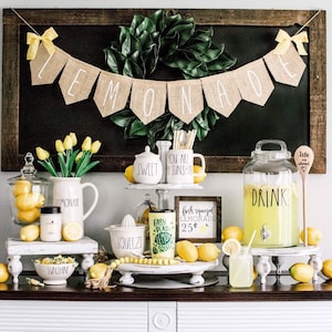 Lemonade Banner, Spring Decor, Photography Prop, Burlap Garland, Backdrop, Summer, Family, Yellow and white, Rustic, Lemonade stand