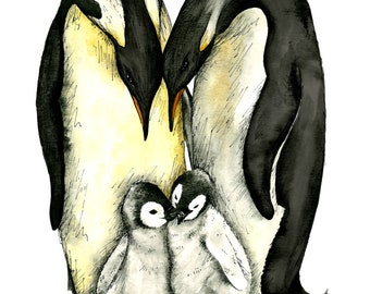 Penguin Family Watercolor Print