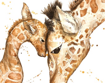 Baby & Mother Giraffe Watercolor Print on Paper or Canvas