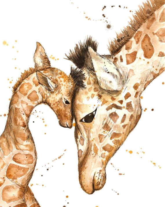Bebe Et Maman Girafe Aquarelle Impression Sur Papier Ou Toile Etsy