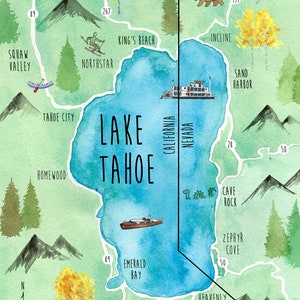 Lake Tahoe Map Watercolor Print