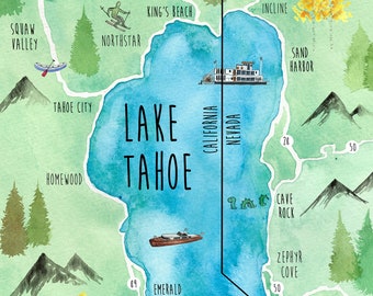 May include: A watercolor illustration of Lake Tahoe, California and Nevada. The map shows the lake with surrounding mountains, towns, and points of interest. The text "LAKE TAHOE" is written in large, bold letters in the center of the lake.