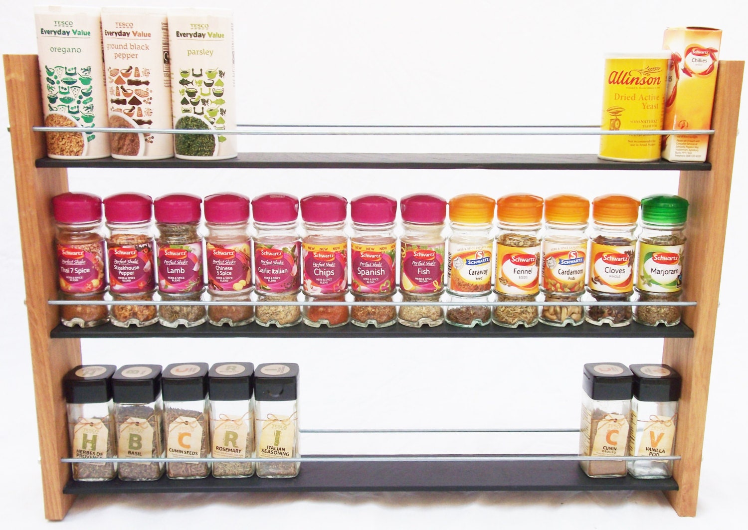 Oak Slate Design Spice / Herb Rack 3 Tier, 39 Jar Modern Contemporary