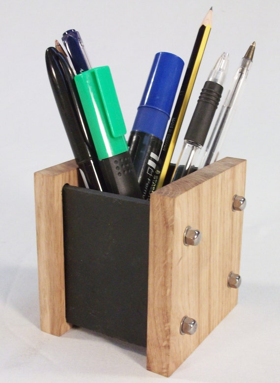 Oak Slate Design Pen Pot Desk Tidy Modern Contemporary Etsy