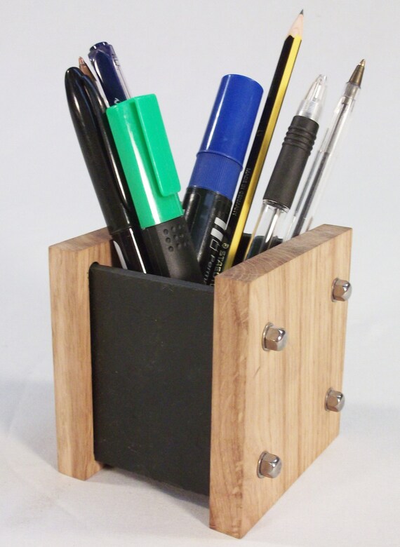 Oak Slate Design Pen Pot Desk Tidy Modern Contemporary Etsy