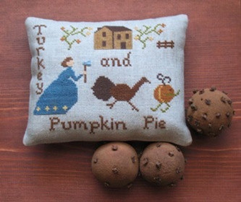 Primitive Cross Stitch Sampler Pattern Turkey and Pumpkin Pie Etsy