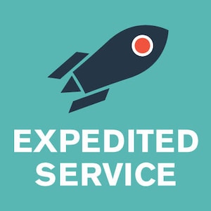 May include: A teal square graphic featuring a dark navy blue rocket ship icon with a bright orange circular window. Below the rocket, the text EXPEDITED SERVICE is printed in bold, white, sans-serif capital letters centered on the teal background.