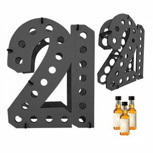 May include: A matte black, three-dimensional number 21 display stand featuring multiple circular cutouts along the surface of the digits. The structure is designed to hold small bottles, with three miniature glass bottles shown nearby.