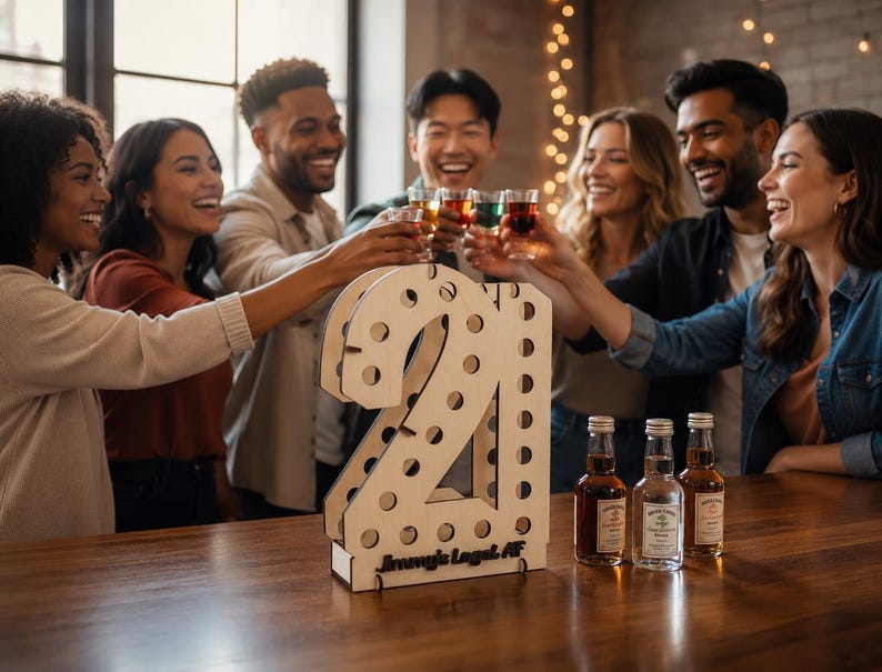 May include: A light-colored wooden number 21 shot glass holder with a series of circular cutouts and the text Jimmy's Legal AF printed on the base, accompanied by three small glass bottles of liquor placed on a wooden surface.