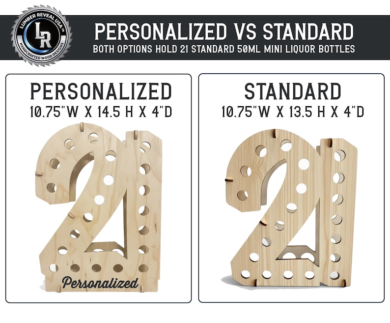 May include: A light-colored wooden display stand shaped like the number 21, designed to hold 21 standard 50ml mini liquor bottles. The personalized version measures 10.75 inches wide by 14.5 inches high by 4 inches deep, while the standard is 13.5 inches high.
