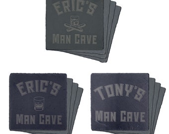 Man Cave Coasters in Cork or Slate | Cork or Slate Coasters for Basement Bar Ware | Laser Engraved Coaster in Circle or Square