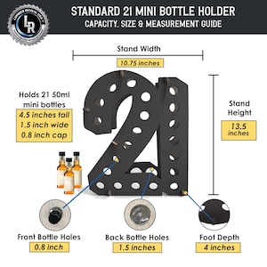 May include: A dark-colored wooden bottle holder shaped like the number 21, featuring 21 circular cutouts for mini bottles. The stand is 10.75 inches wide and 13.5 inches tall, with a 4-inch foot depth. It holds 50ml bottles with 0.8-inch caps.