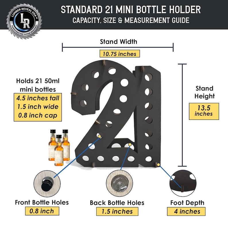 May include: A dark-colored wooden bottle holder shaped like the number 21, featuring 21 circular cutouts for mini bottles. The stand is 10.75 inches wide and 13.5 inches tall, with a 4-inch foot depth. It holds 50ml bottles with 0.8-inch caps.