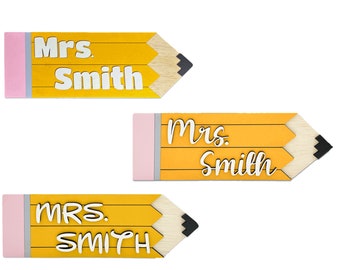 Teacher Name Sign | Pencil Shaped Classroom Decoration Wooden Name Sign | End Of Year Teacher and Principal Gifts | Teacher Door Hanger