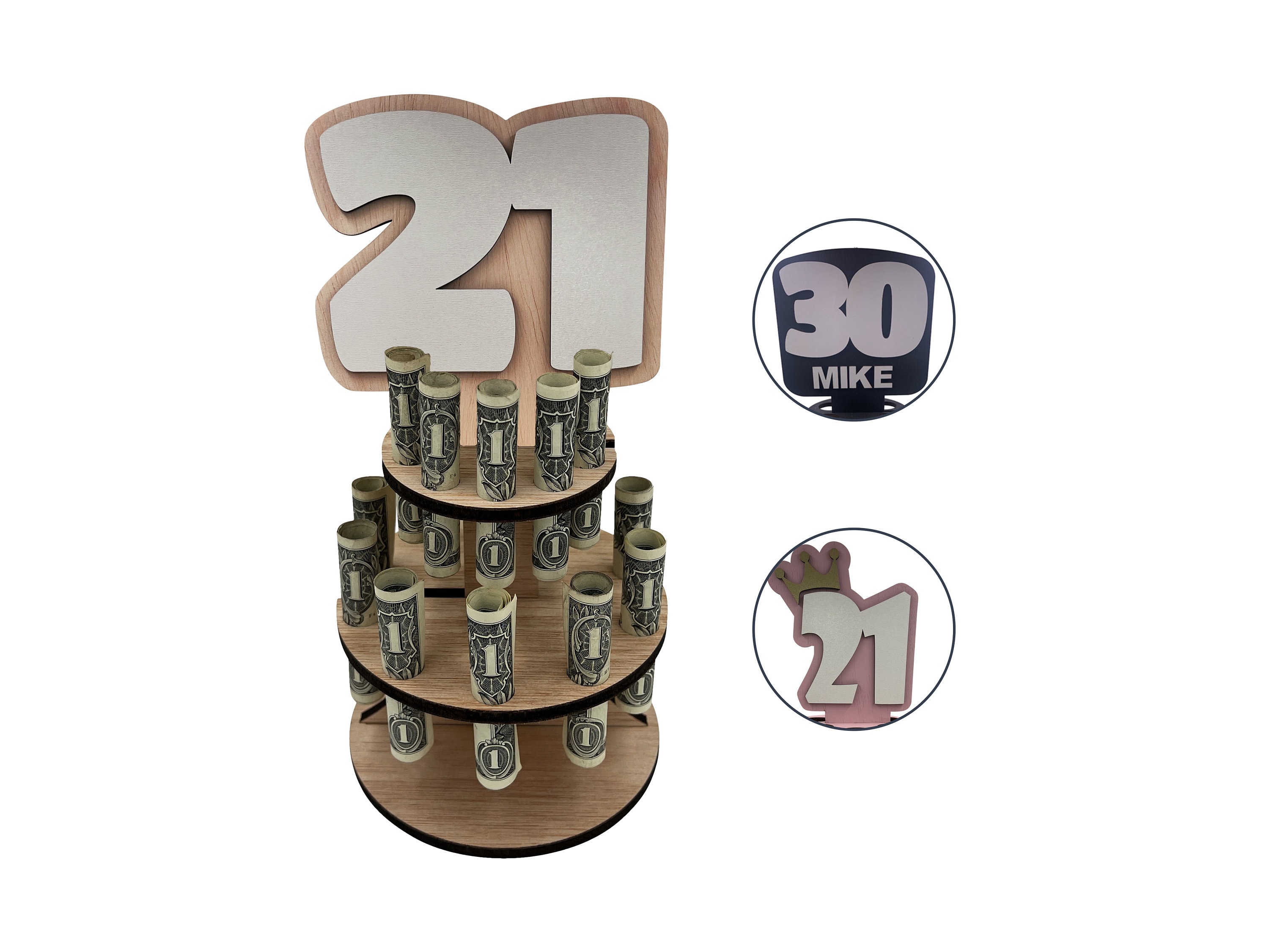 Money Cake Cash Holder with Age Topper | Money Gift Display for Birthday Party | Laser Cut Wooden Centerpiece for Birthday Parties
