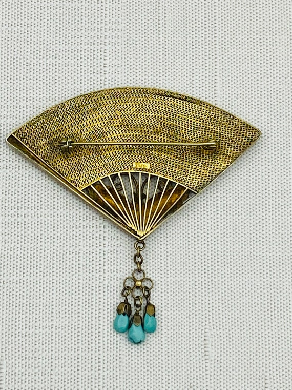 Vintage Chinese Butterfly Fan Brooch - Gold Gilt … - image 9