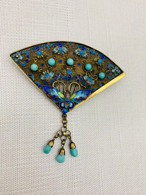 Vintage Chinese Butterfly Fan Brooch - Gold Gilt … - image 1