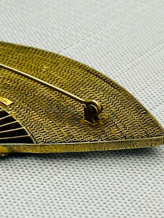 Vintage Chinese Butterfly Fan Brooch - Gold Gilt … - image 7