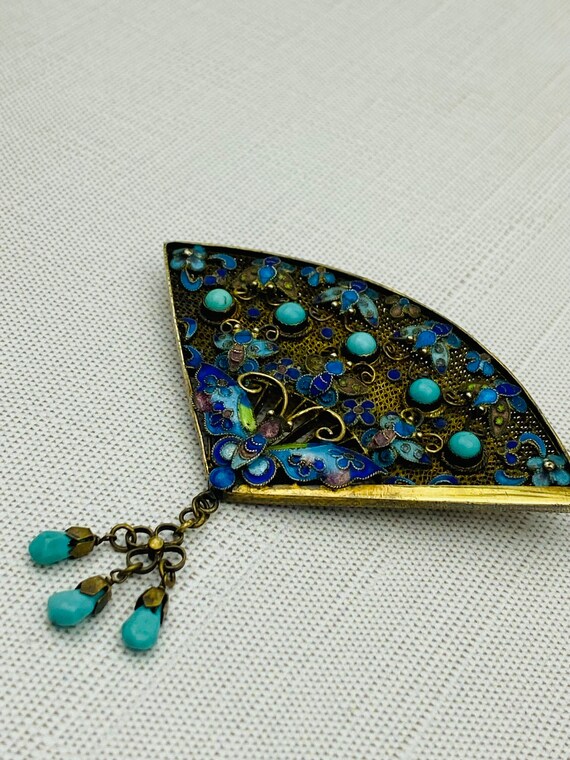 Vintage Chinese Butterfly Fan Brooch - Gold Gilt … - image 3