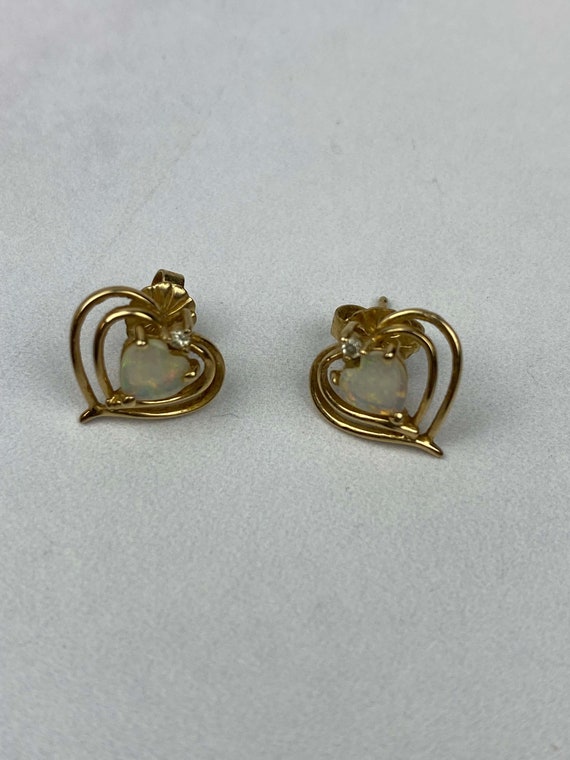 14k HEART EARRINGS, WHITE Opal Earrings, Heart Stu