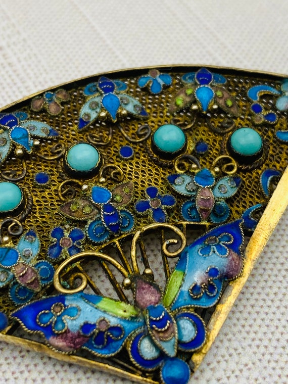 Vintage Chinese Butterfly Fan Brooch - Gold Gilt … - image 5