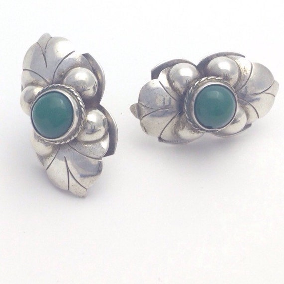 Vintage Agate Sterling Silver Earrings, Mid Centu… - image 1