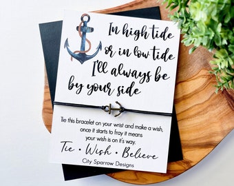 Anchor Wish Bracelet with High Tide Quote. Includes an antique silver finish or antique bronze anchor charm, nautical quote. Ocean, Beach