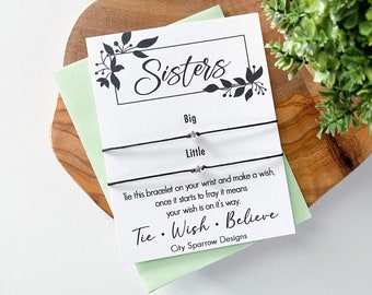 Big and Little Sisters Wish Bracelets on a keepsake card. This includes two bracelets on one card,each made with 1mm thick wax cotton cord.