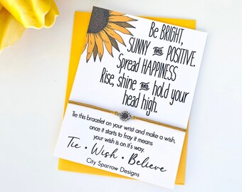 Sunflower Quote Wish Bracelet on a 1mm wax cotton cord. Includes 16mmx10mm zinc alloy sunflower charm on a card. Positive Wishes, Shine