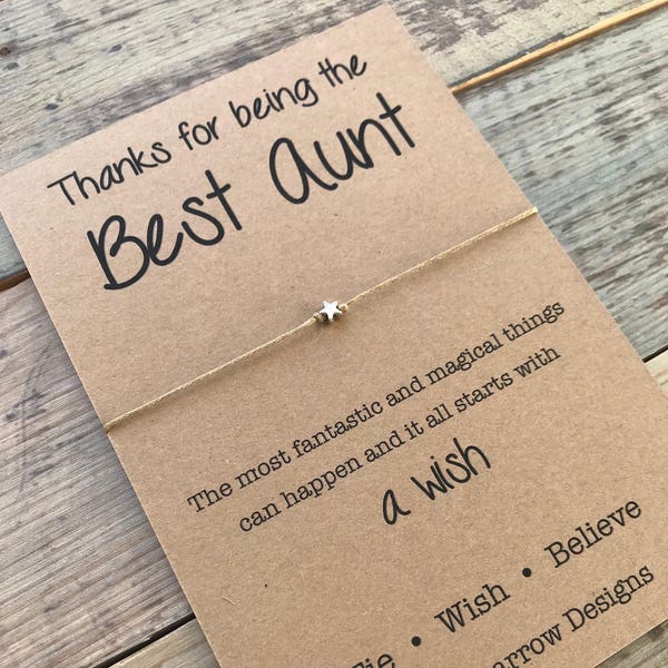 Best Aunt Wish Bracelet with your choice of beads on a 1mm beige waxed cotton cord, tie on bracelet on keepsake card. Auntie, Great Aunt