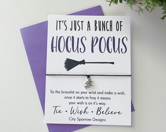 Hocus Pocus Wish Bracelet on a 1mm wax cotton cord. Keepsake greeting card with an attached wish bracelet with an alloy witch on broom charm