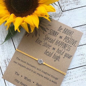 Sunflower Quote Wish Bracelet on a 1mm wax cotton cord. Includes 16mmx10mm zinc alloy sunflower charm on a card. Positive Wishes, Shine