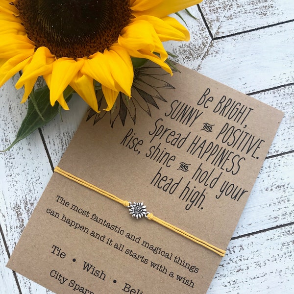 Sunflower Quote Wish Bracelet on a 1mm wax cotton cord. Includes 16mmx10mm zinc alloy sunflower charm on a card. Positive Wishes, Shine