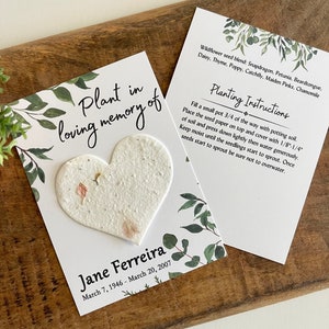 Plant in Loving Memory of, Memorial Card with plantable seed paper heart. Wildflowers, personalized, wake, funeral, remembrance, angel, seed image 2