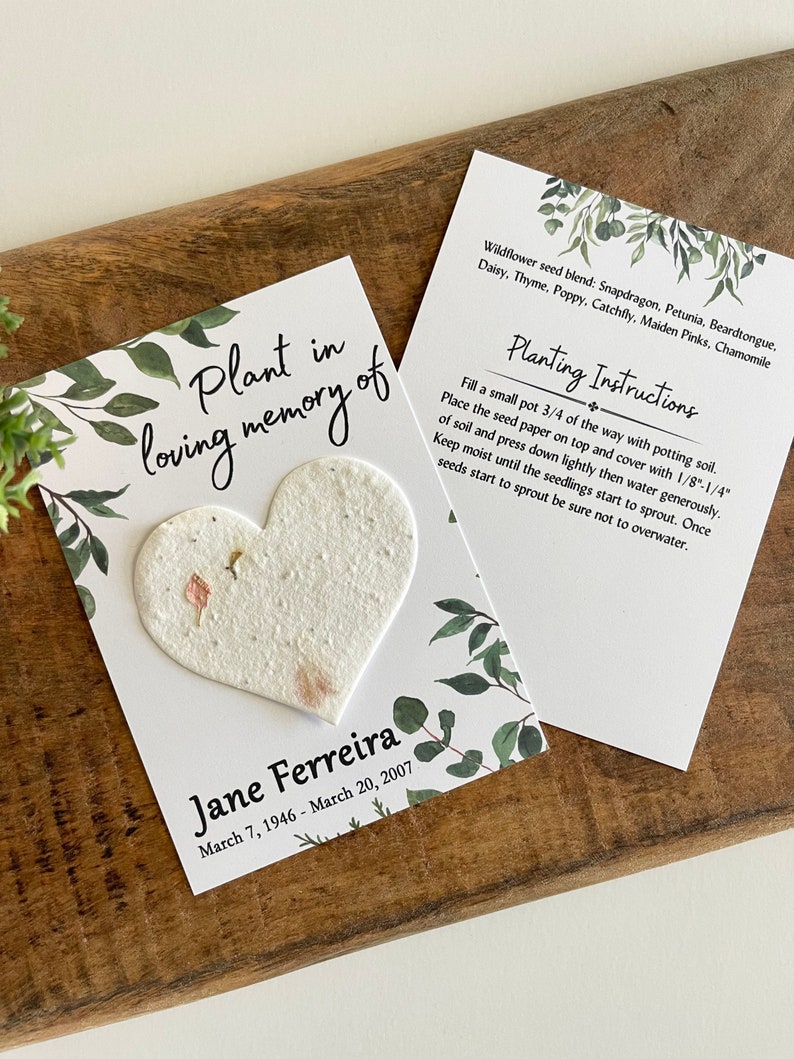 Plant in Loving Memory of, Memorial Card with plantable seed paper heart. Wildflowers, personalized, wake, funeral, remembrance, angel, seed image 2