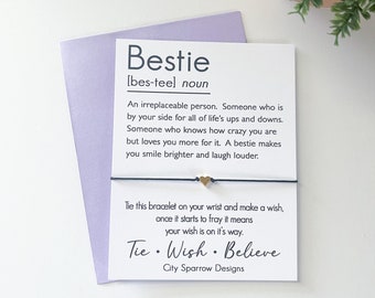 Bestie Definition Wish Bracelet on a 1mm wax cotton cord. Keepsake greeting card with an attached wish bracelet, choose your own charm.