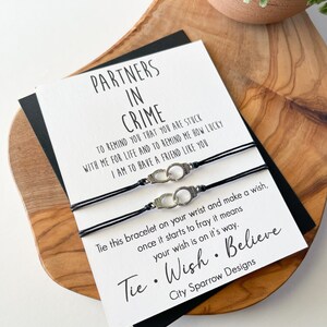 Partners in Crime Wish Bracelets on keepsake card. This includes 2 bracelets, Besties, Best Friend Bracelets, BFF, Friendship Bracelet image 3