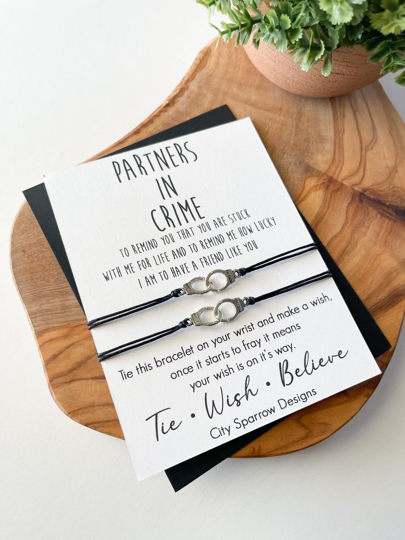 Partners in Crime Wish Bracelets on keepsake card. This includes 2 bracelets, Besties, Best Friend Bracelets, BFF, Friendship Bracelet image 3