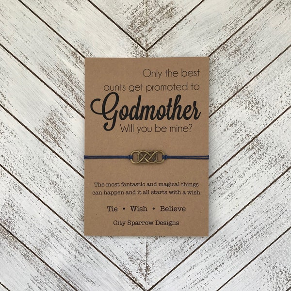 Will you be my Godmother Wish Bracelet on a 1mm waxed cotton cord, tie on bracelet on keepsake card. Godparents, Baptism, Goddaughter, Gifts