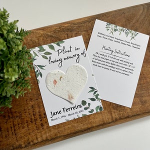 Plant in Loving Memory of, Memorial Card with plantable seed paper heart. Wildflowers, personalized, wake, funeral, remembrance, angel, seed image 1