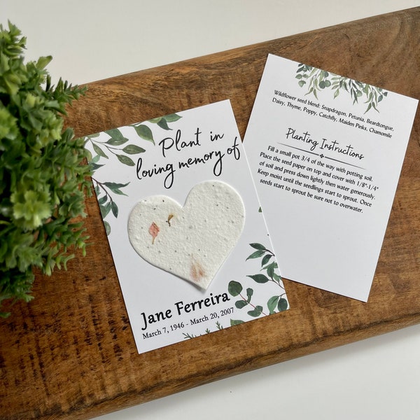 Plant in Loving Memory of, Memorial Card with plantable seed paper heart. Wildflowers, personalized, wake, funeral, remembrance, angel, seed