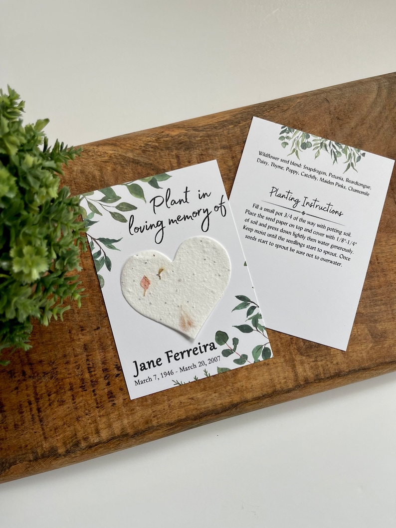 Plant in Loving Memory of, Memorial Card with plantable seed paper heart. Wildflowers, personalized, wake, funeral, remembrance, angel, seed image 1