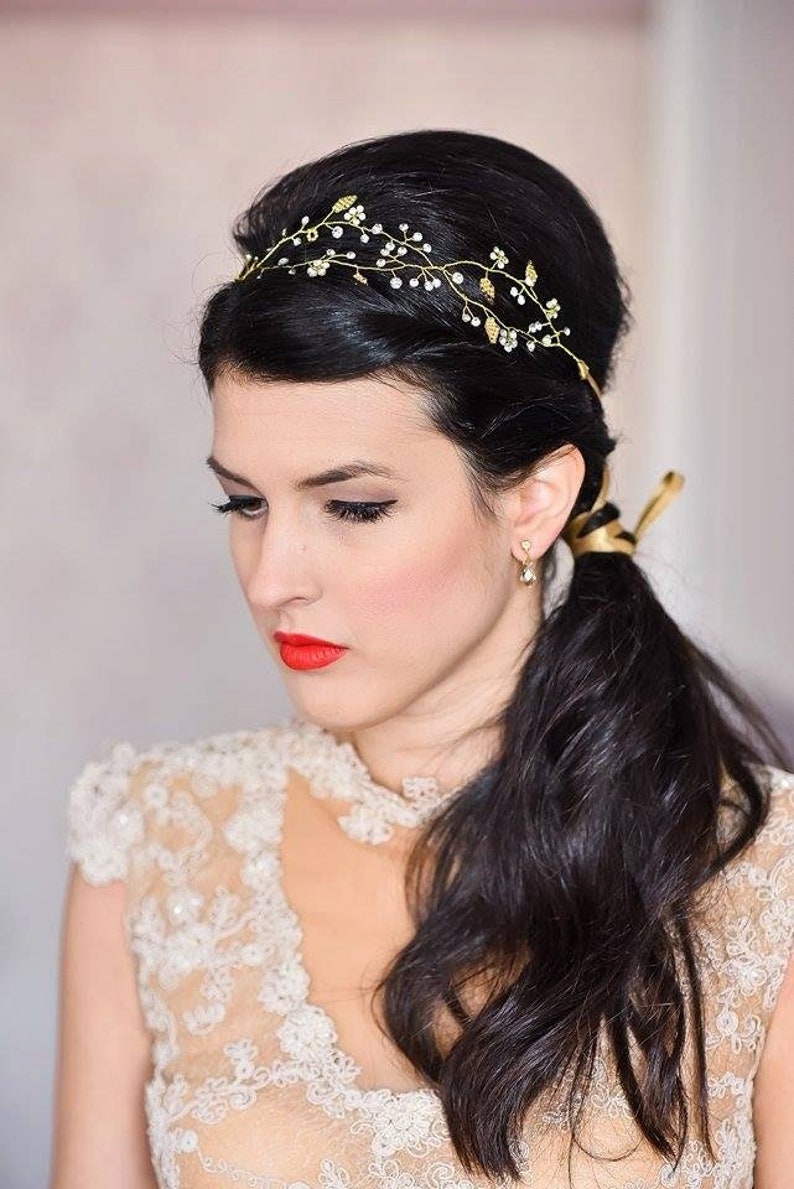 Bridal gold halo, Gold hair vine, Rhinestone wedding golden head