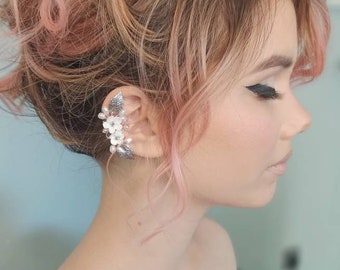 Wedding silver cartilage earring, Bridal leaves climber earcuff, Ear cuff no piercing earring, Earrings for bride, Modern ear wrap fake