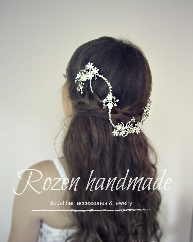 Ivory bridal floral hair piece, Wedding off white floral hair vine, Bridal flower headpiece, Bridal rhinestone hairpiece, Pearl wedding halo